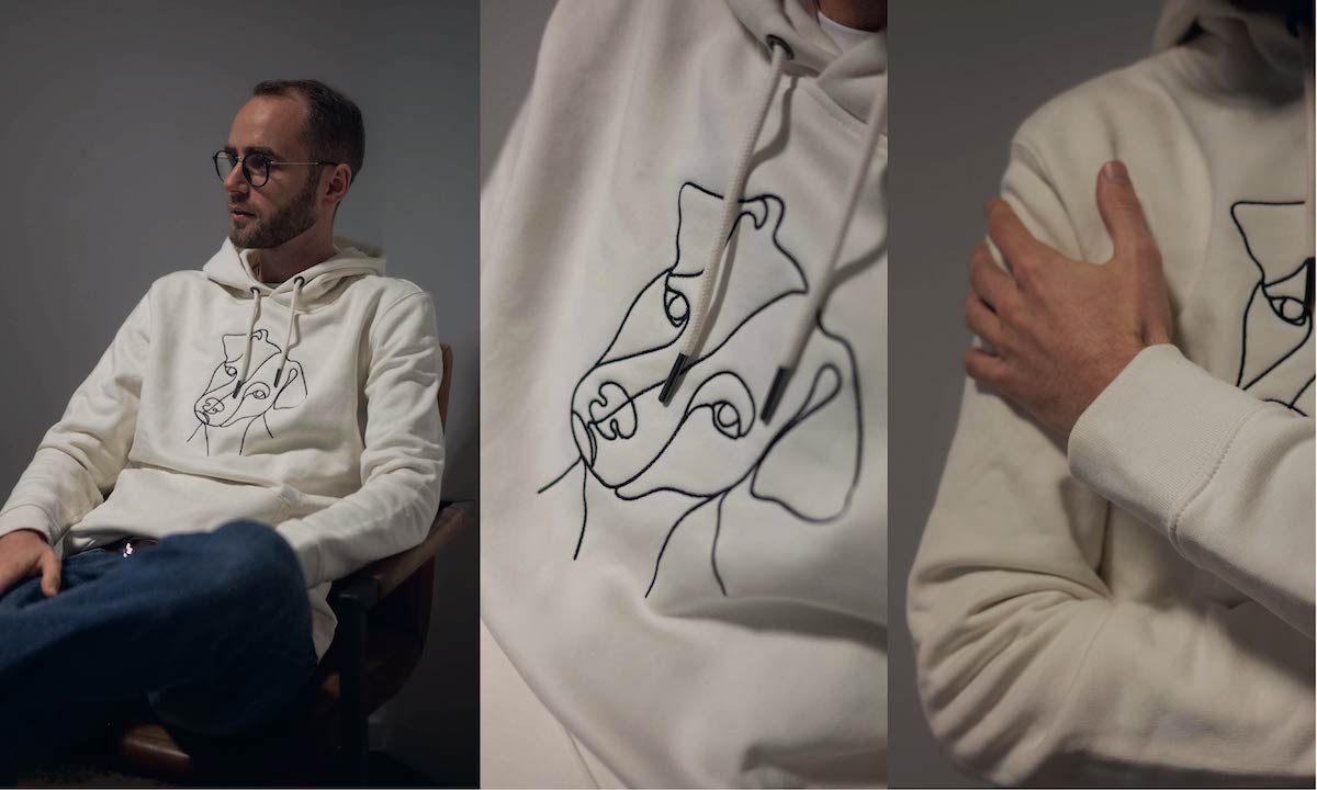 Bestickter Hoodie Hund, Nahaufnahme des Sticks