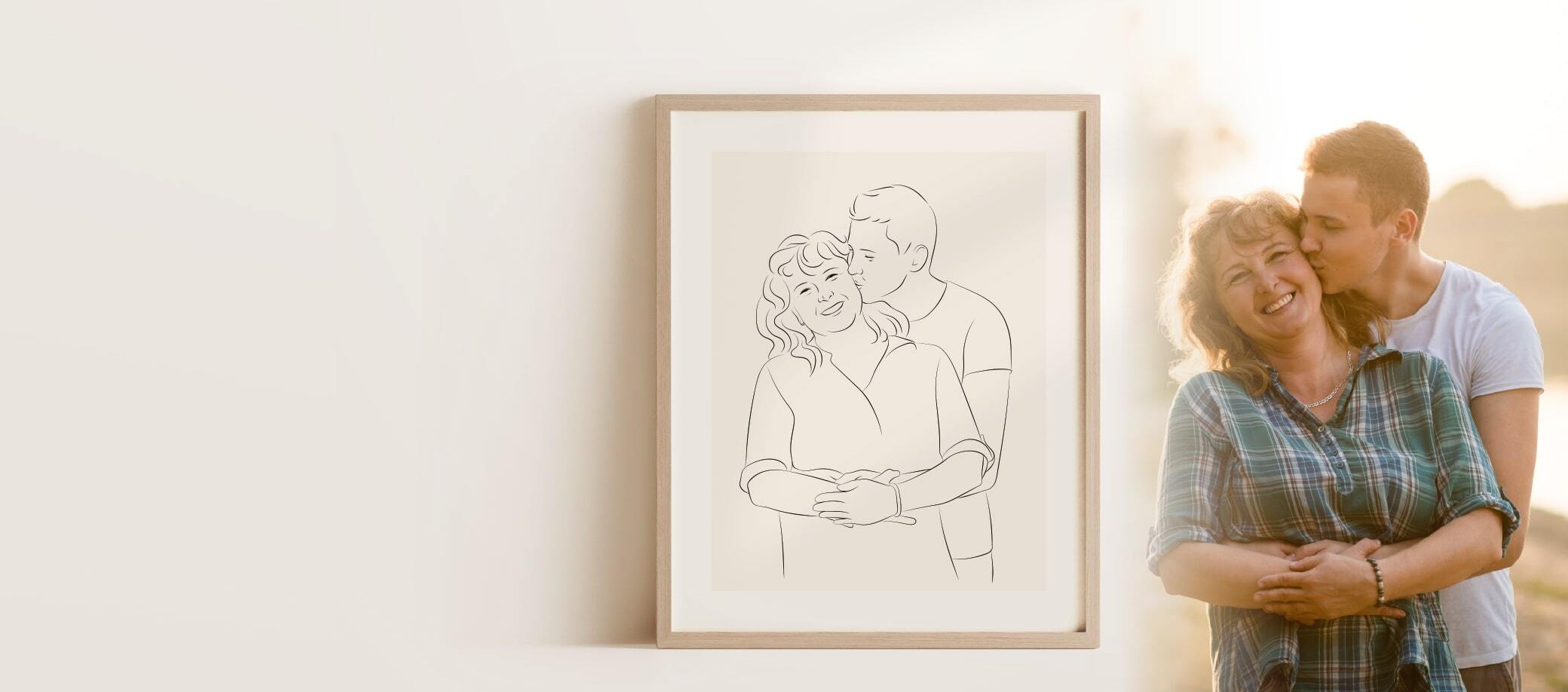 Zeichnung in Line Art von lachender Mutter mit Sohn