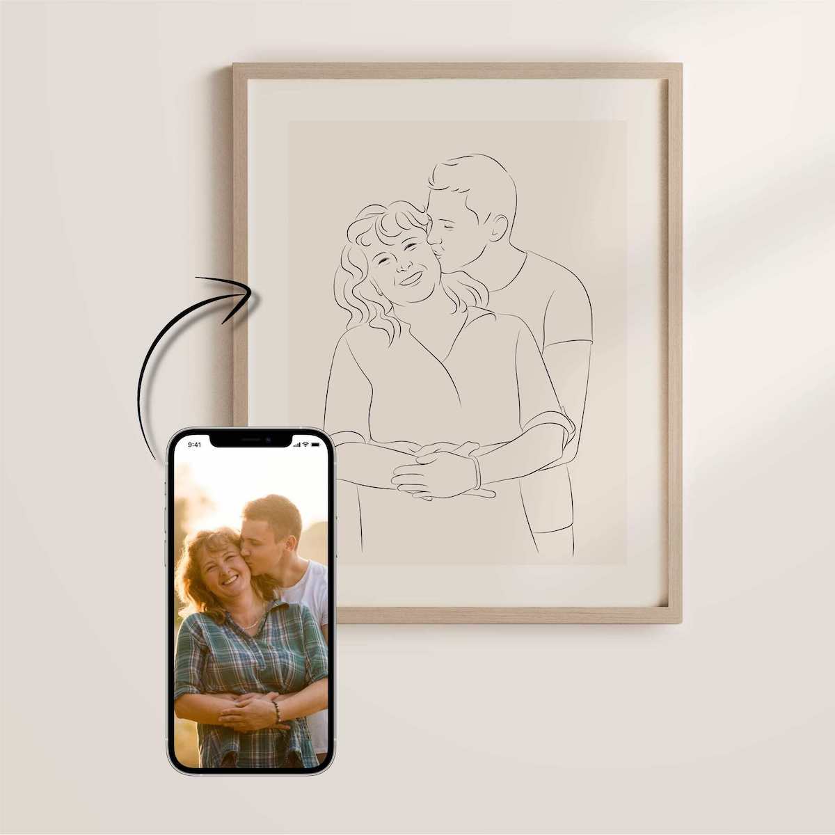 Mutter und Sohn gezeichnet in Line Art als Muttertagsgeschenk