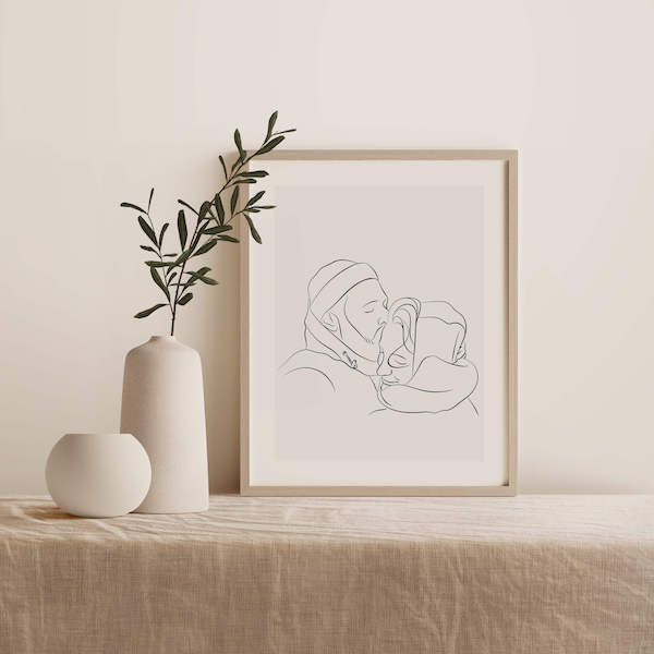 Line Art Zeichnung eines Paares, Zeichnung steht im Rahmen auf einem Tisch neben einer Pflanze