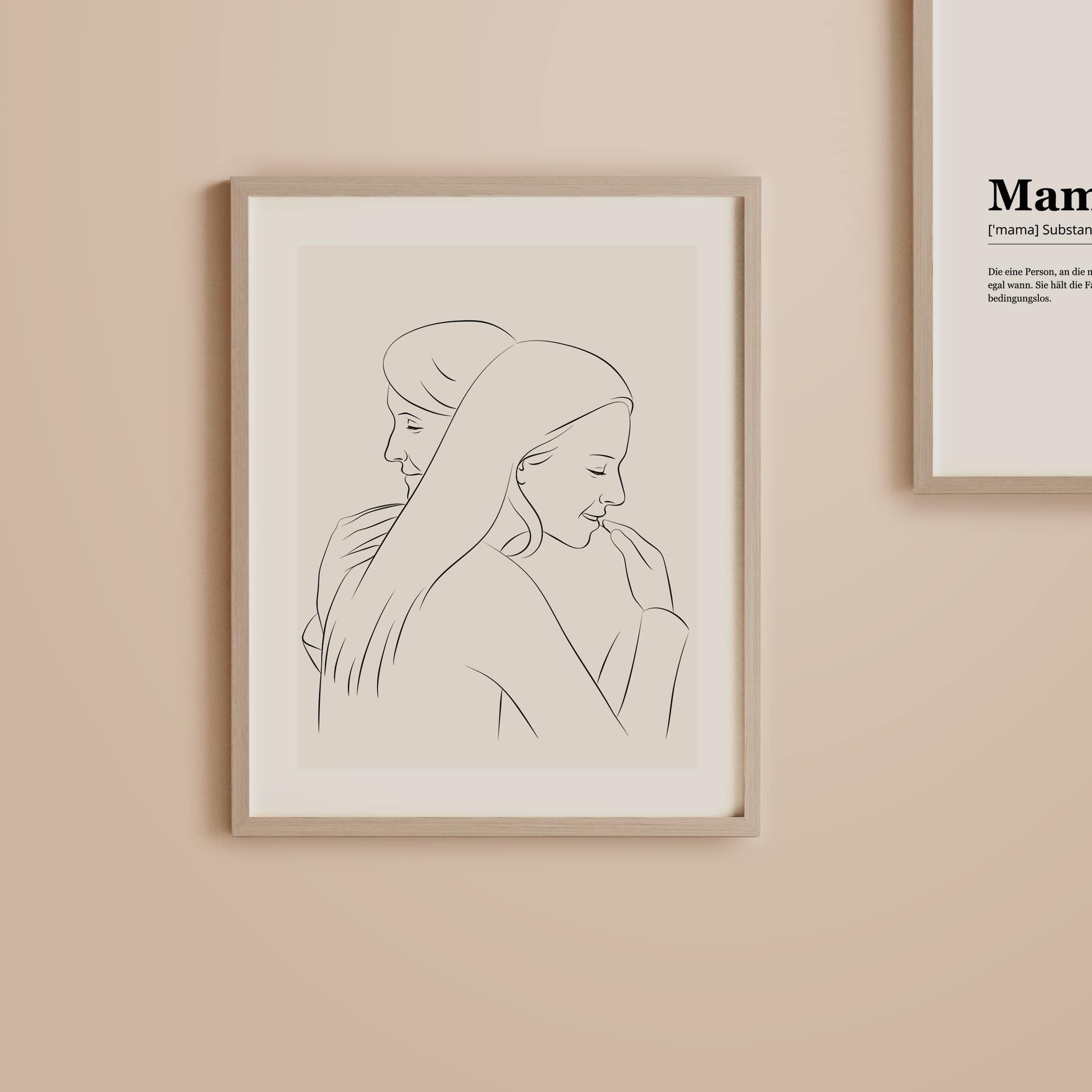 Mutter umarmt Tochter, illustriert in Line Art