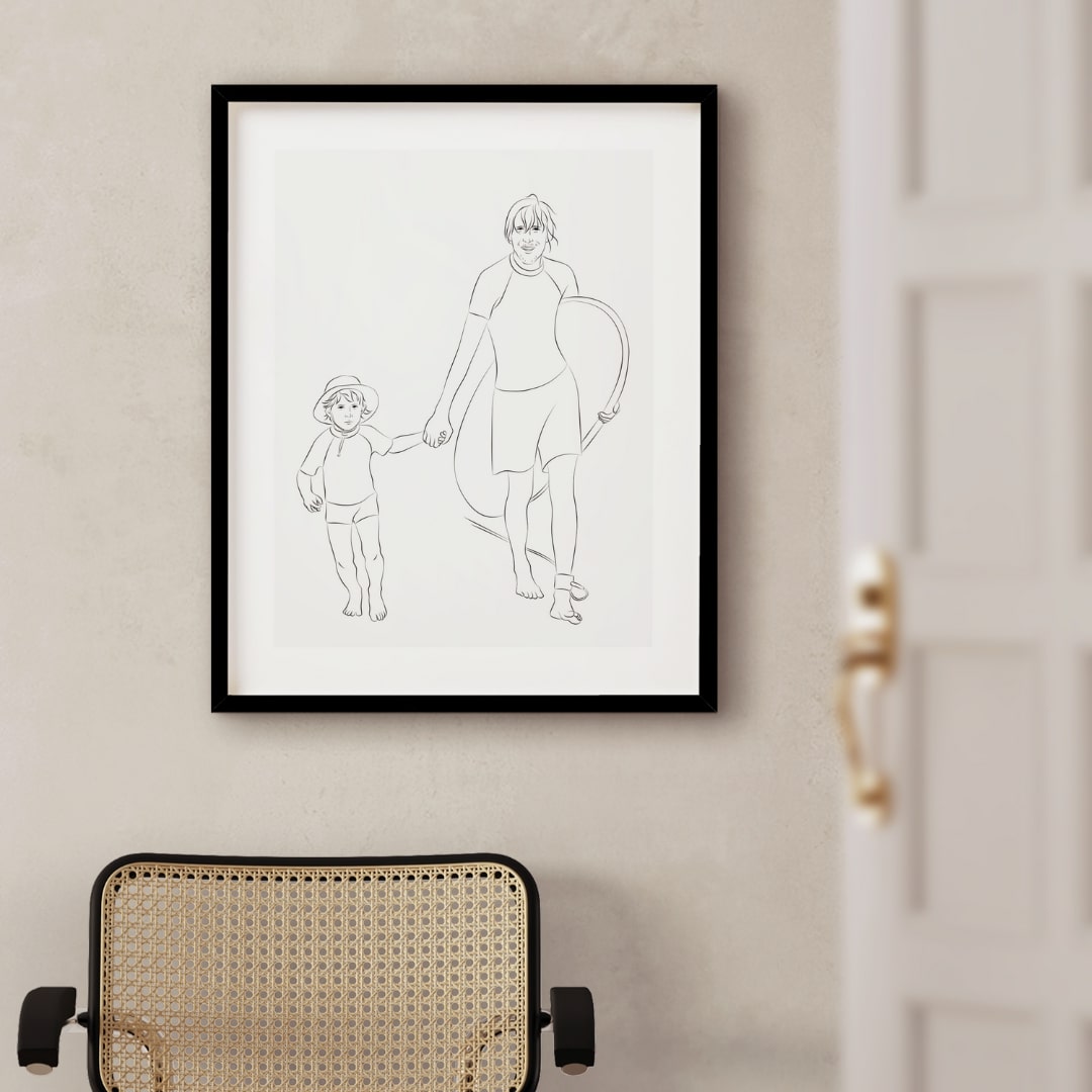 Figlio e padre che fanno surf, illustrati in Line Art