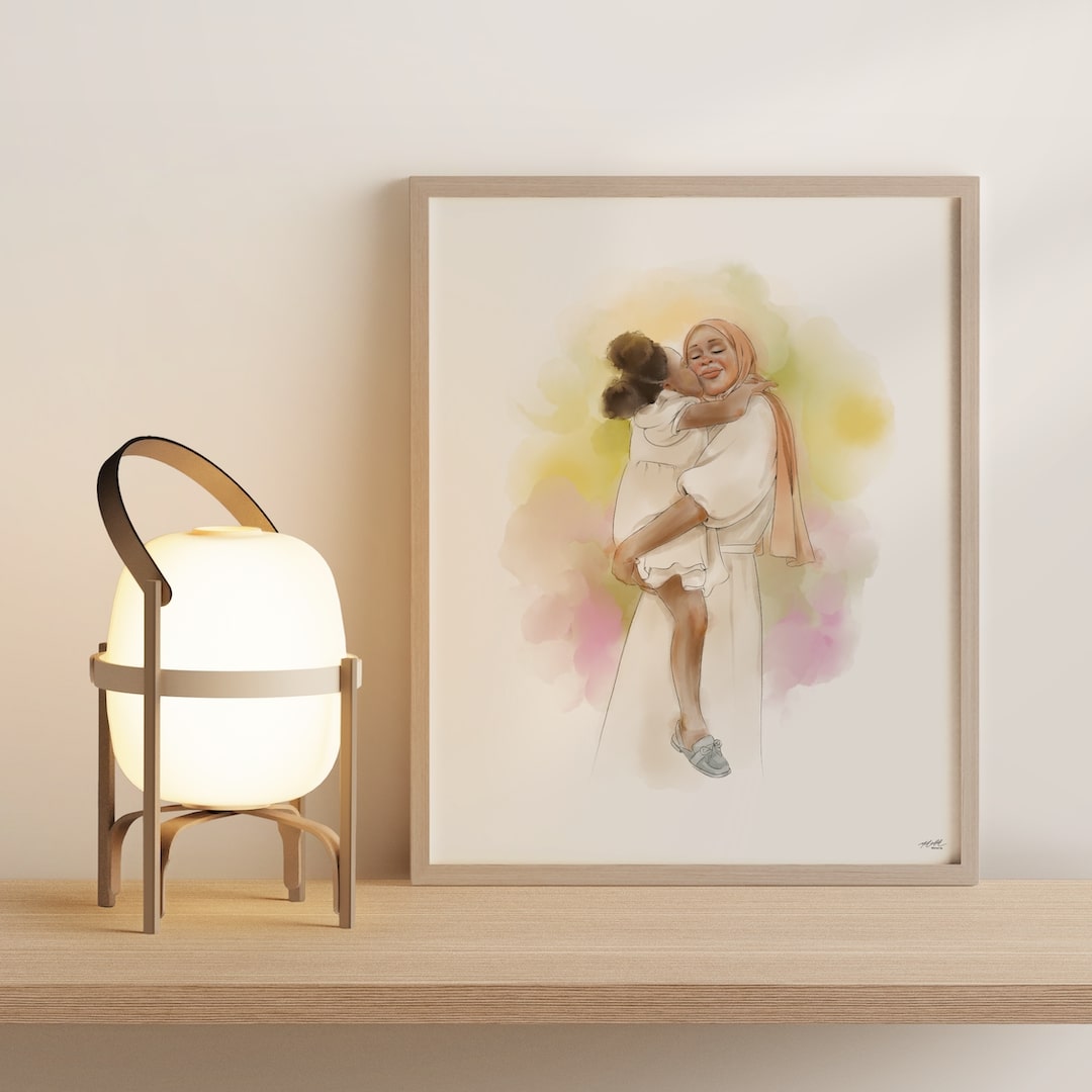 Mutter mit jungen Sohn und Tulpen, gezeichnet in Line Art